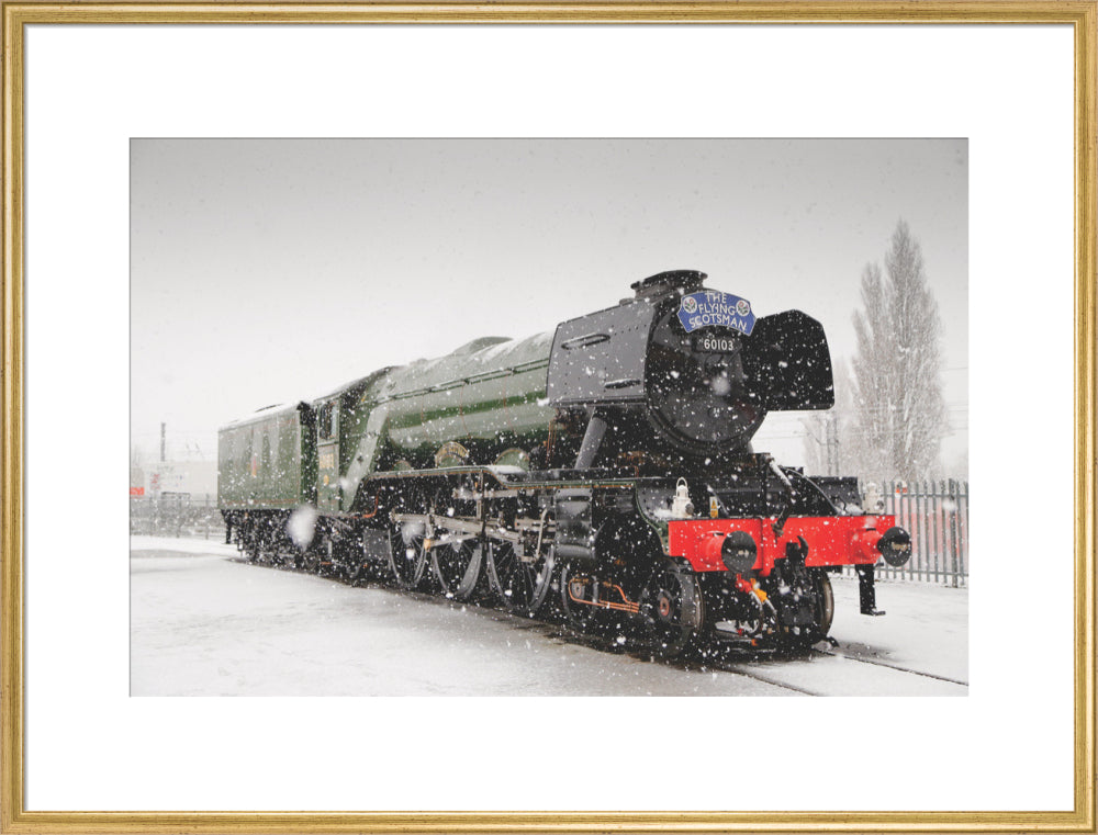 Flying Scotsman locomotive in the snow, 2016. art print extra large gold Art Print - Science Museum Shop
