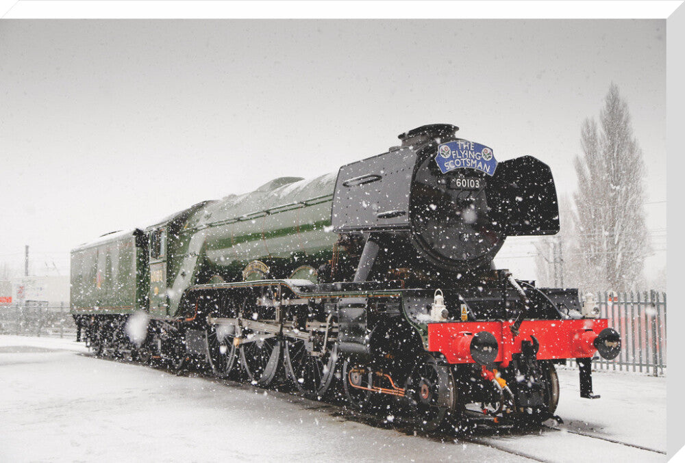 Flying Scotsman locomotive in the snow, 2016. stretched canvas extra large none Art Print - Science Museum Shop