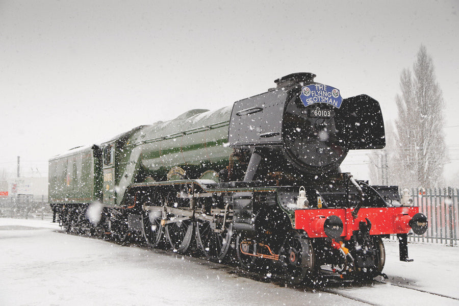 Flying Scotsman locomotive in the snow, 2016. Art Print - Science Museum Shop