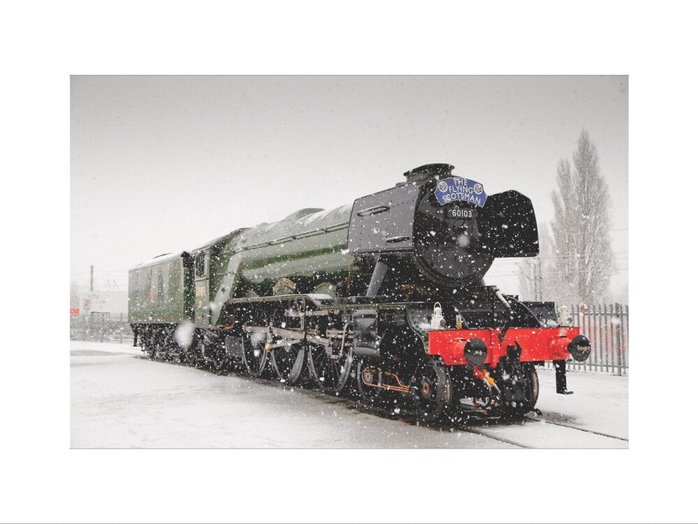 Flying Scotsman locomotive in the snow, 2016. art print small none Art Print - Science Museum Shop