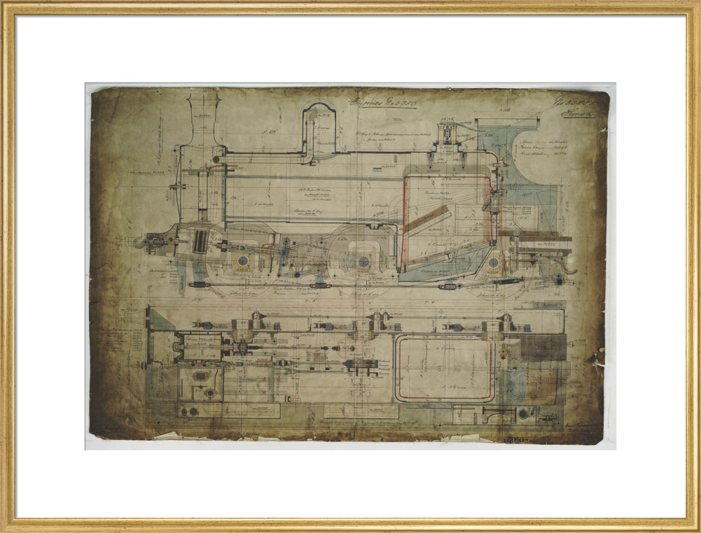 General arrangement drawing of Lancashire & Yorkshire Railway '0-6-0' locomotive. art print extra large gold Art Print - Science Museum Shop