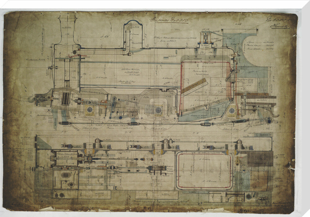 General arrangement drawing of Lancashire & Yorkshire Railway '0-6-0' locomotive. stretched canvas extra large none Art Print - Science Museum Shop