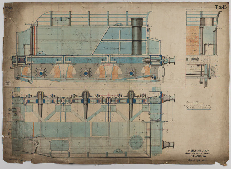 Neilson & Co drawing of 5'0 gauge 6 wheel, 1868 order number T345 for Russia. Art Print - Science Museum Shop