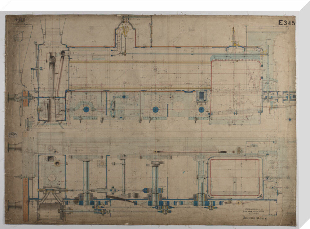 Neilson & Co drawing of 5'0 gauge 6 wheel, 1868 order number T345 for Russia. stretched canvas large none Art Print - Science Museum Shop