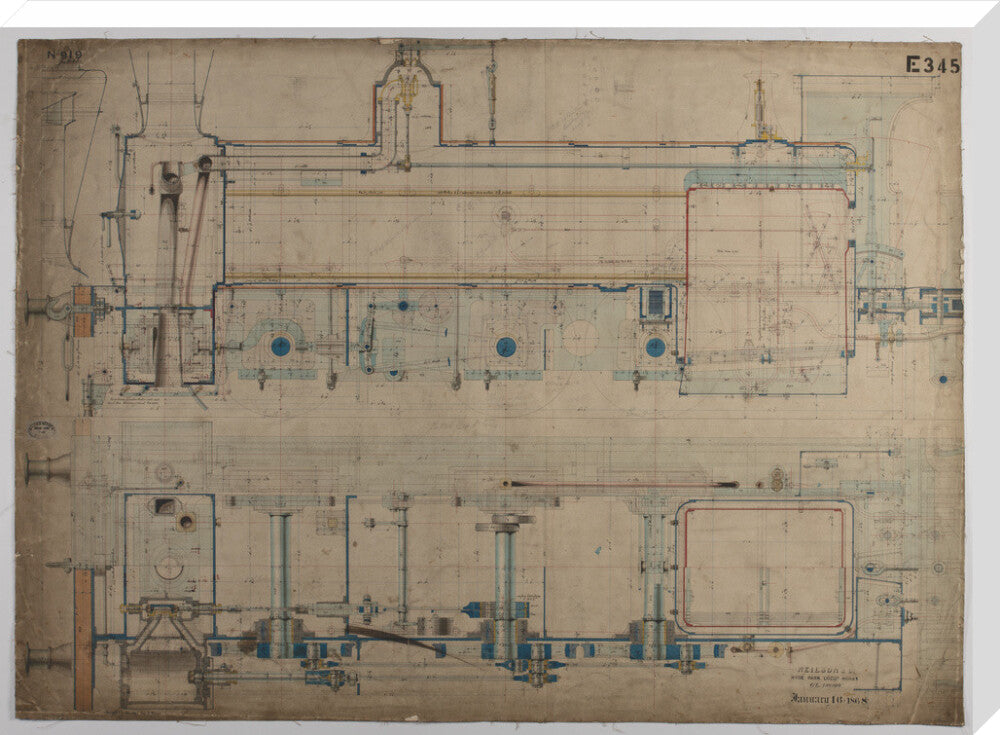 Neilson & Co drawing of 5'0 gauge 6 wheel, 1868 order number T345 for Russia. stretched canvas extra large none Art Print - Science Museum Shop