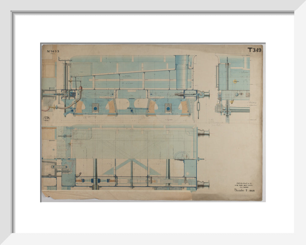 Neilson & Co drawing of 5'0 gauge 6 wheel, 1868 order number T345 for Russia. art print extra small white Art Print - Science Museum Shop