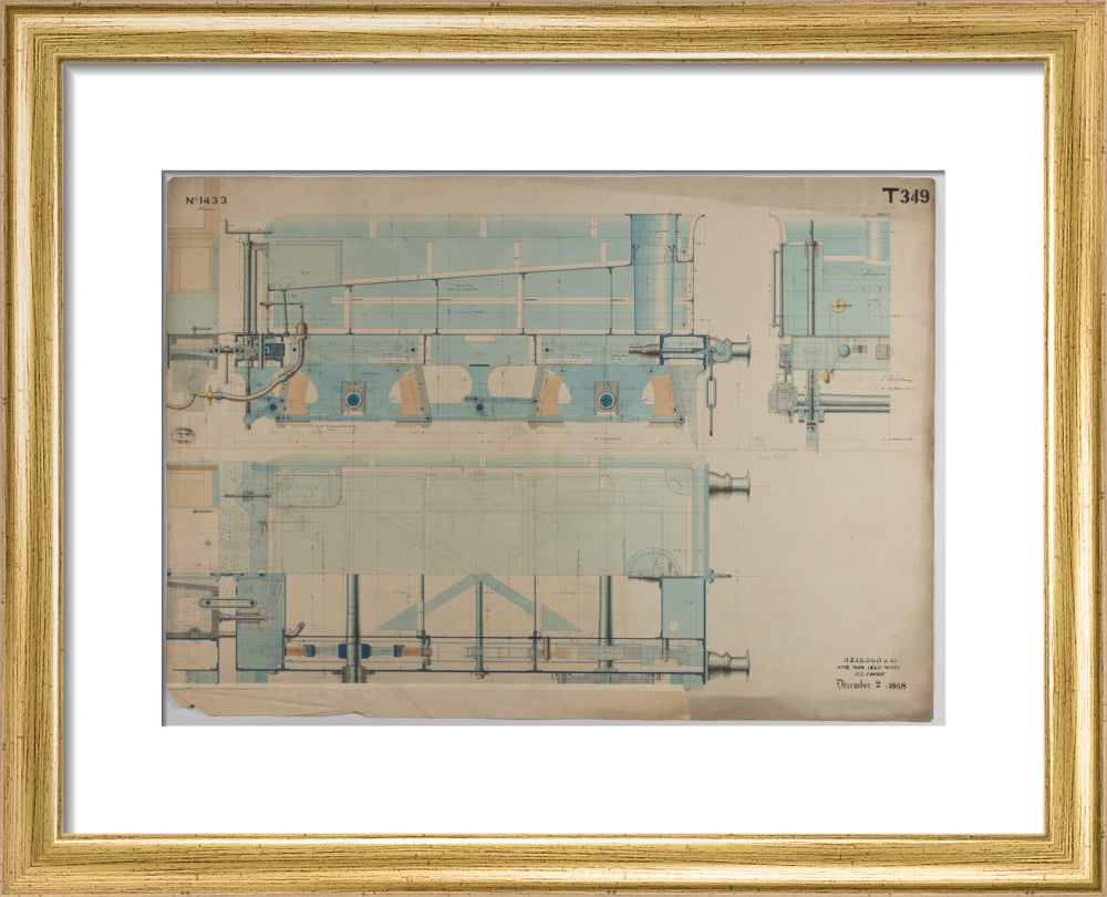 Neilson & Co drawing of 5'0 gauge 6 wheel, 1868 order number T345 for Russia. art print extra small gold Art Print - Science Museum Shop