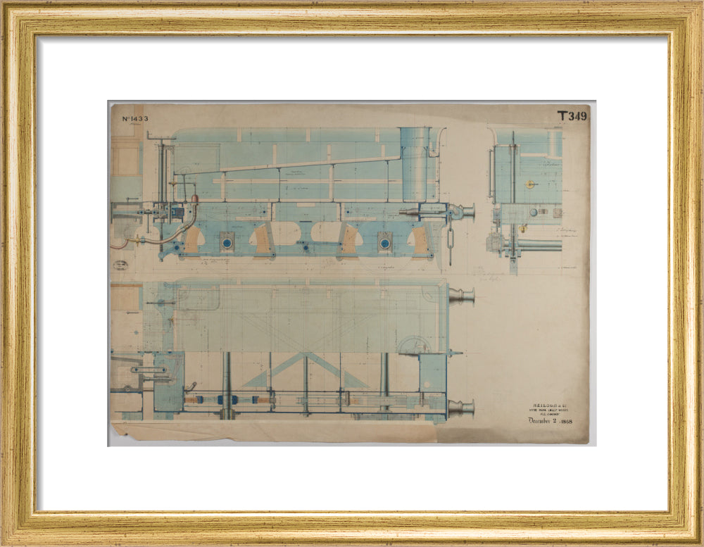 Neilson & Co drawing of 5'0 gauge 6 wheel, 1868 order number T345 for Russia. art print small gold Art Print - Science Museum Shop