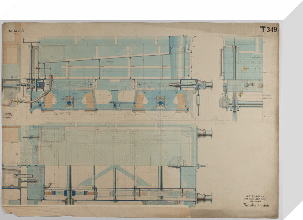 Neilson & Co drawing of 5'0 gauge 6 wheel, 1868 order number T345 for Russia. stretched canvas small none Art Print - Science Museum Shop