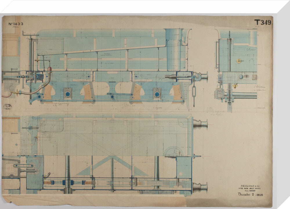 Neilson & Co drawing of 5'0 gauge 6 wheel, 1868 order number T345 for Russia. stretched canvas medium none Art Print - Science Museum Shop