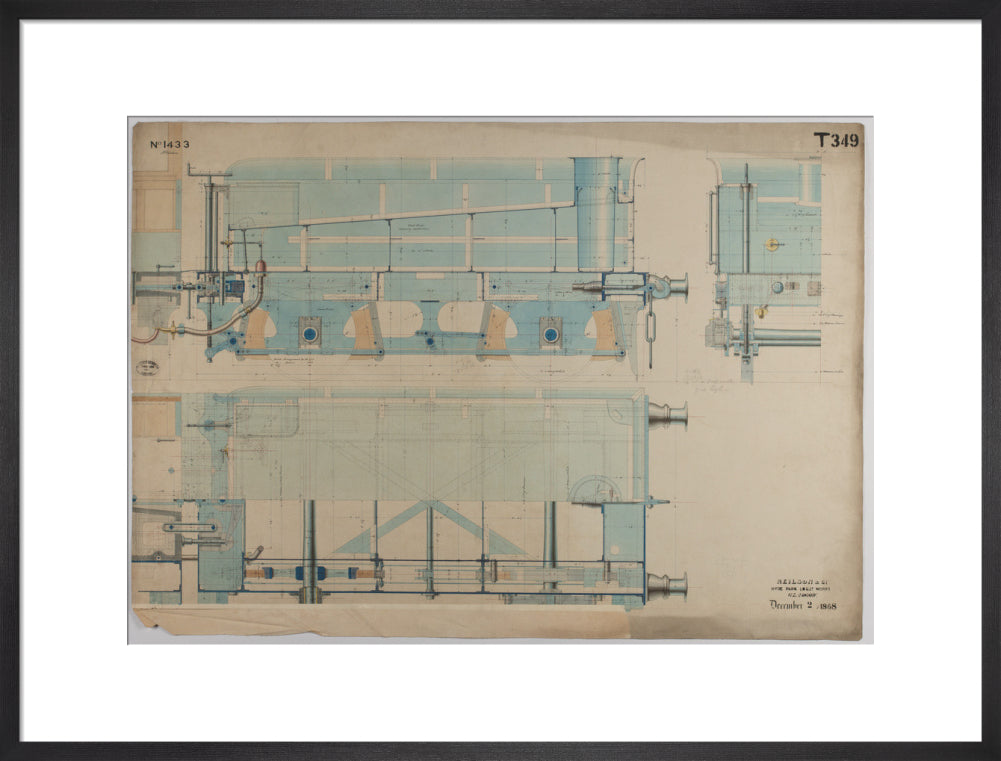Neilson & Co drawing of 5'0 gauge 6 wheel, 1868 order number T345 for Russia. art print large black Art Print - Science Museum Shop