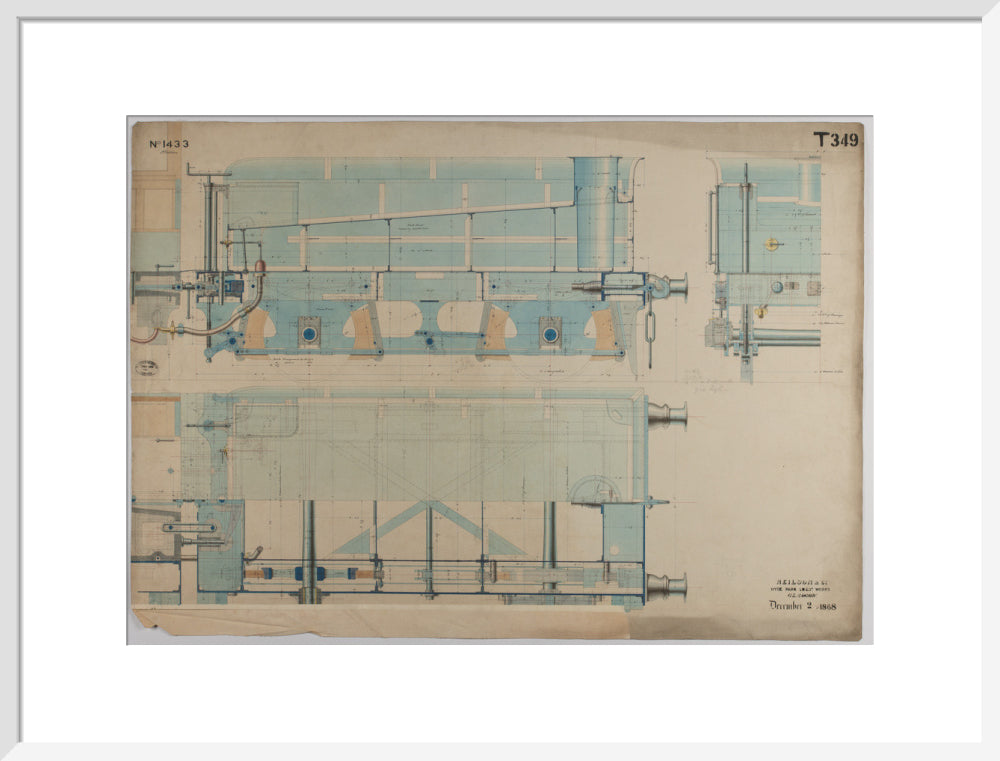 Neilson & Co drawing of 5'0 gauge 6 wheel, 1868 order number T345 for Russia. art print large white Art Print - Science Museum Shop