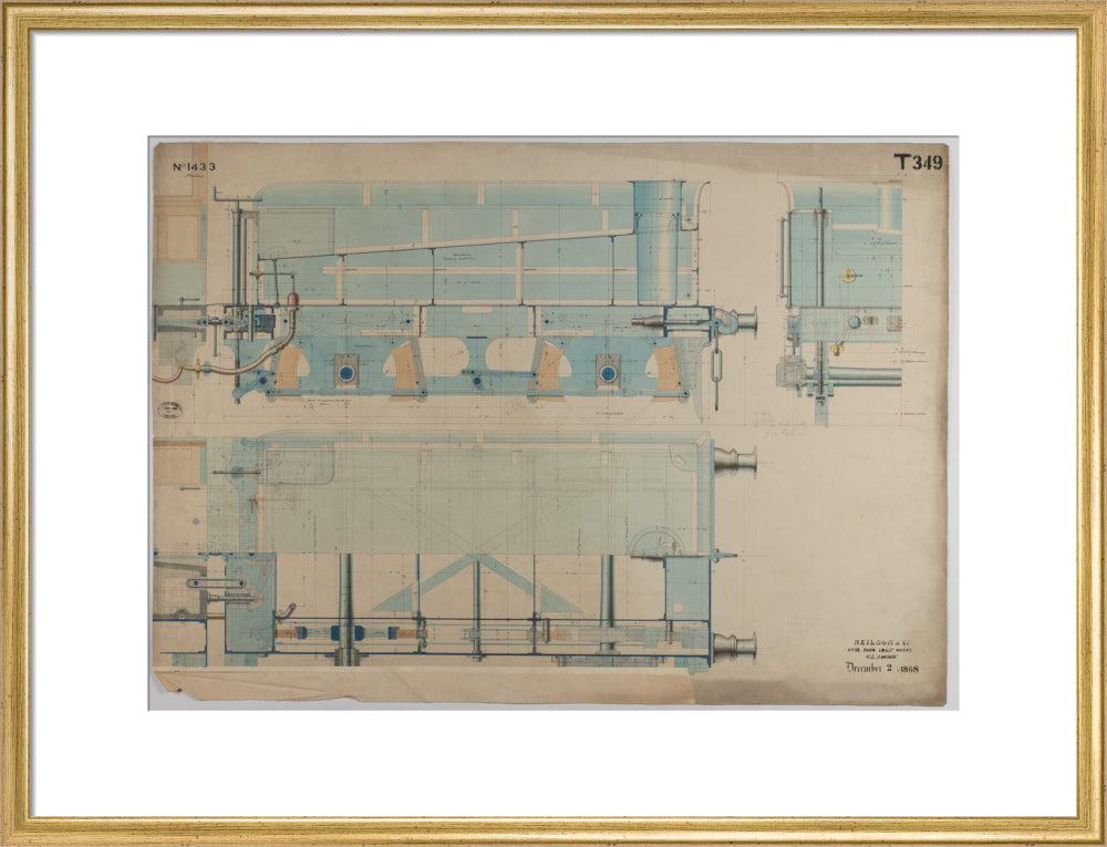 Neilson & Co drawing of 5'0 gauge 6 wheel, 1868 order number T345 for Russia. art print large gold Art Print - Science Museum Shop