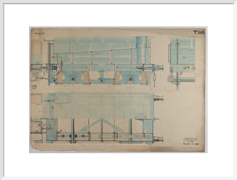 Neilson & Co drawing of 5'0 gauge 6 wheel, 1868 order number T345 for Russia. art print extra large white Art Print - Science Museum Shop