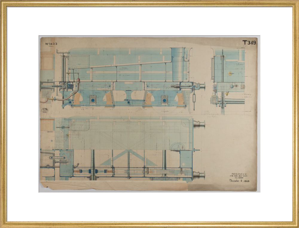 Neilson & Co drawing of 5'0 gauge 6 wheel, 1868 order number T345 for Russia. art print extra large gold Art Print - Science Museum Shop
