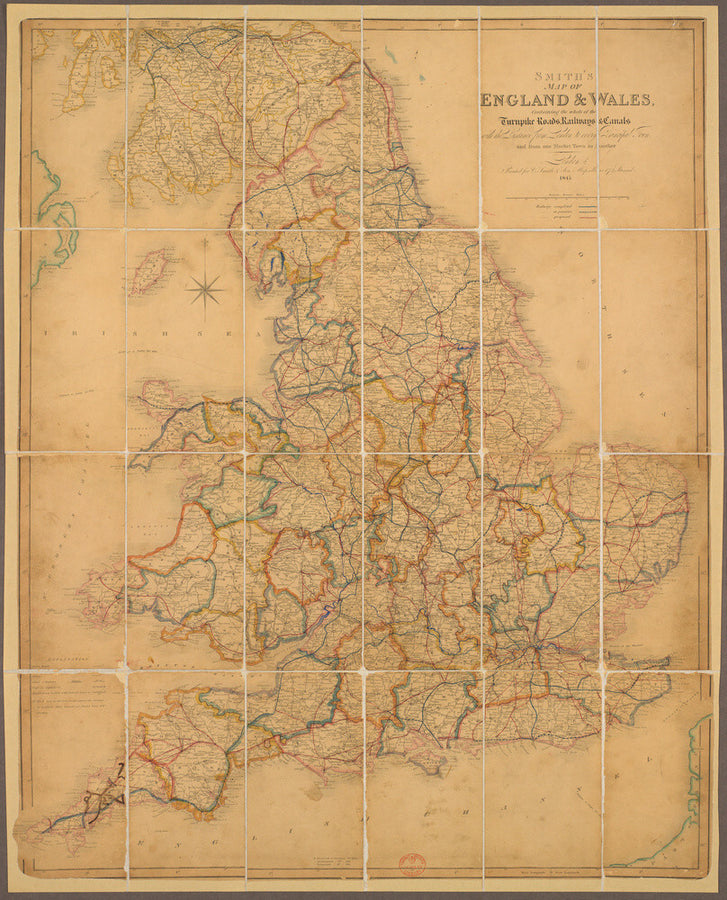 Colour-engraved map. Smith's Map of England & Wales, Containing the whole of the Turnpike Roads, Railways & Canals, 1845. Art Print - Science Museum Shop