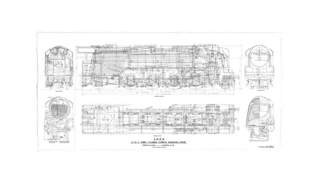 General arrangement drawing of LNER P2 class 2-8-2 locomotives, 1934. unstretched canvas medium none Art Print - Science Museum Shop