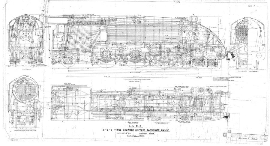 General arrangement drawing of LNER A4 class locomotives including 4468 Mallard, 1938. Art Print - Science Museum Shop