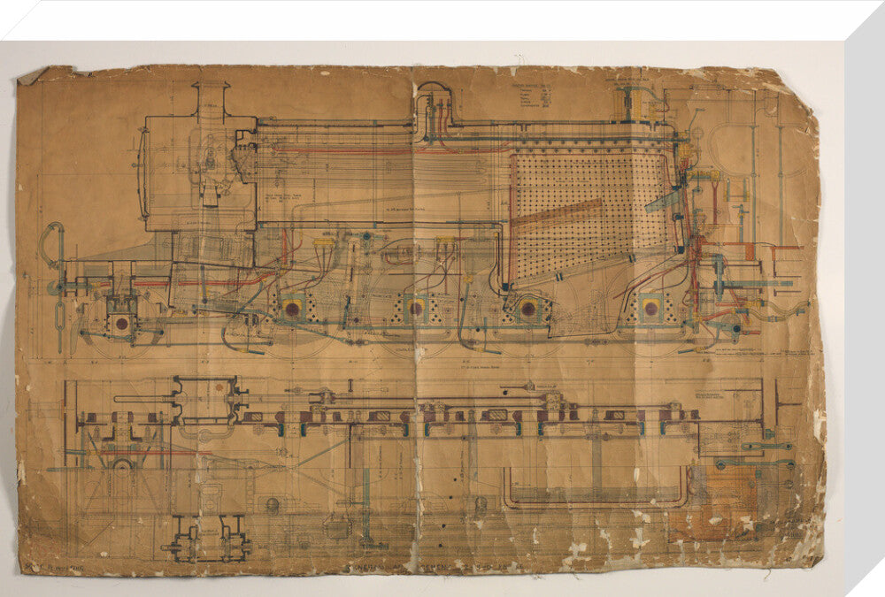 General arrangement of Somerset and Dorset Joint Railway 7F 2-8-0 locomotive, 1913. stretched canvas medium none Art Print - Science Museum Shop