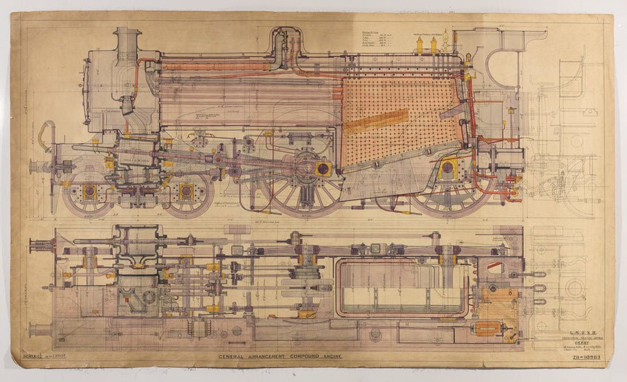 General arrangement of compound 4-4-0 locomotive, 1928. Art Print - Science Museum Shop