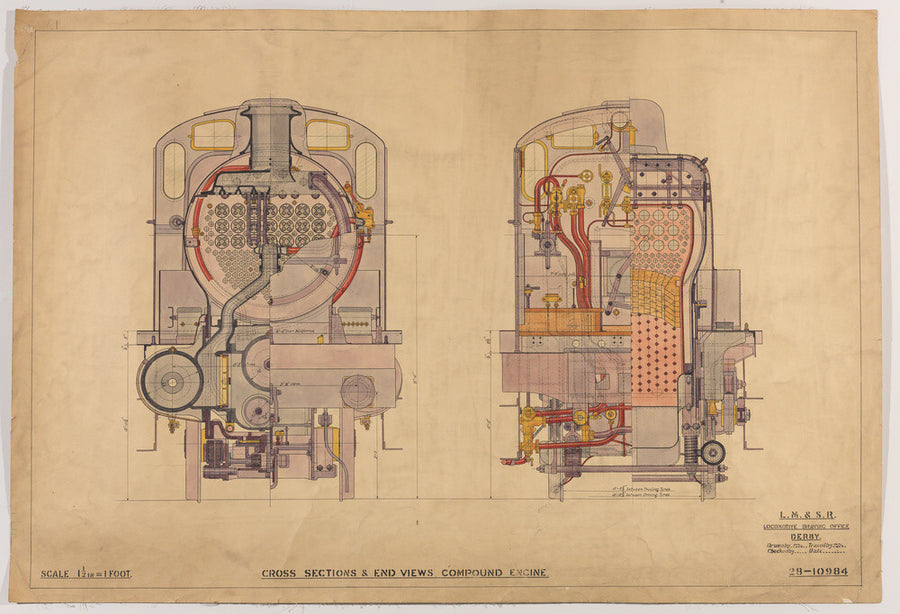 Cross sections of compound 4-4-0 locomotive, 1928. Art Print - Science Museum Shop