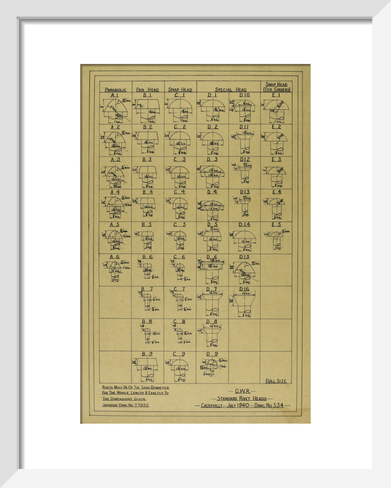 Standard rivet heads, Great Western Railway, 1940. art print extra small white Art Print - Science Museum Shop