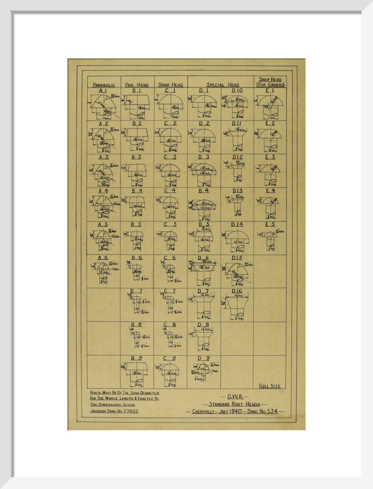 Standard rivet heads, Great Western Railway, 1940. art print medium white Art Print - Science Museum Shop