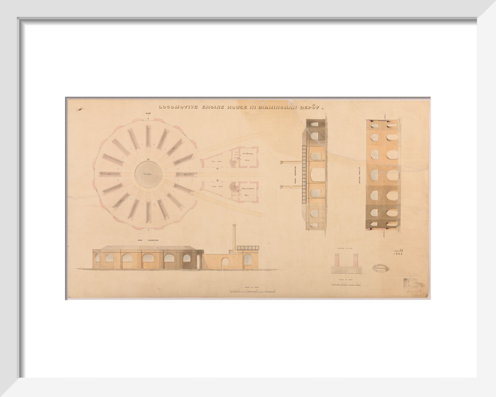 Locomotive engine house at Birmingham Curzon Street station, 1837. art print extra small white Art Print - Science Museum Shop