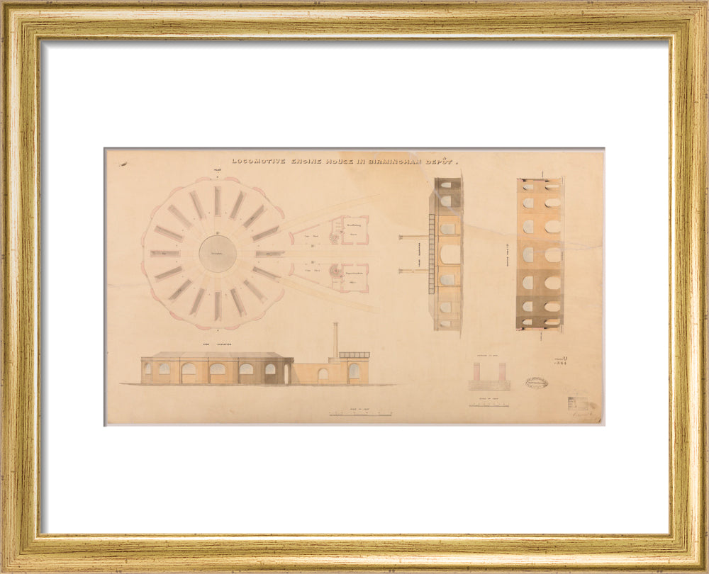 Locomotive engine house at Birmingham Curzon Street station, 1837. art print extra small gold Art Print - Science Museum Shop