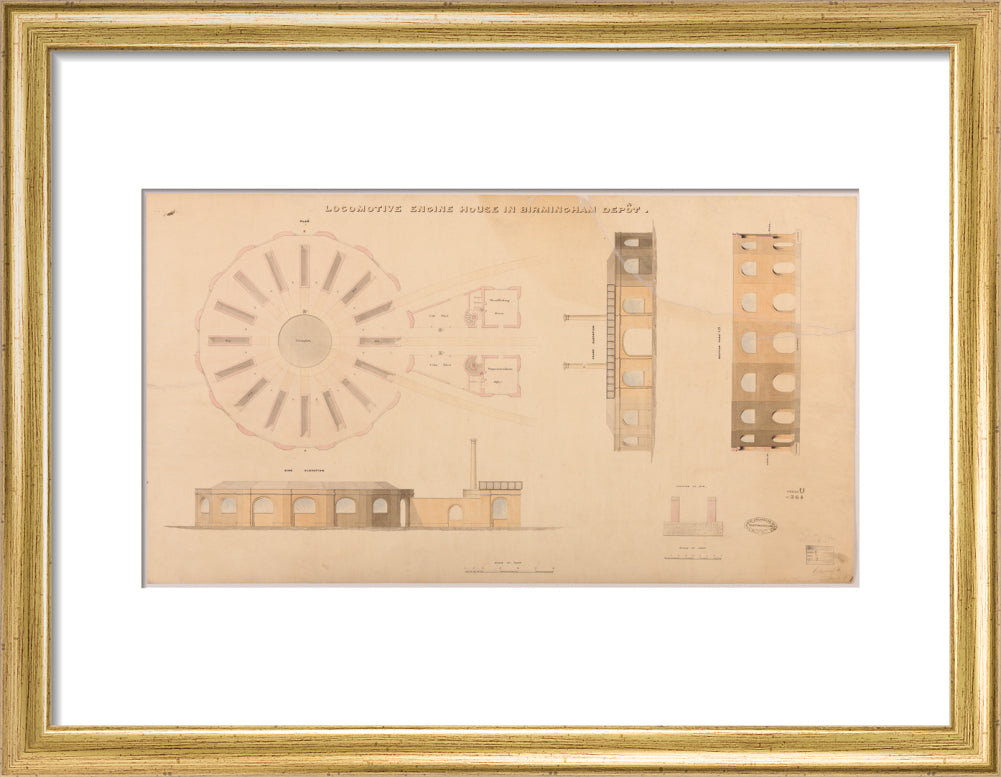 Locomotive engine house at Birmingham Curzon Street station, 1837. art print small gold Art Print - Science Museum Shop