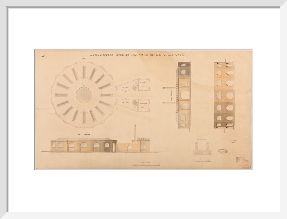 Locomotive engine house at Birmingham Curzon Street station, 1837. art print medium white Art Print - Science Museum Shop