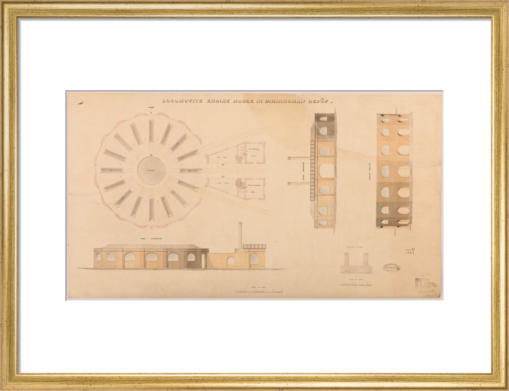 Locomotive engine house at Birmingham Curzon Street station, 1837. art print medium gold Art Print - Science Museum Shop