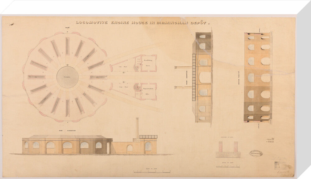 Locomotive engine house at Birmingham Curzon Street station, 1837. stretched canvas medium none Art Print - Science Museum Shop