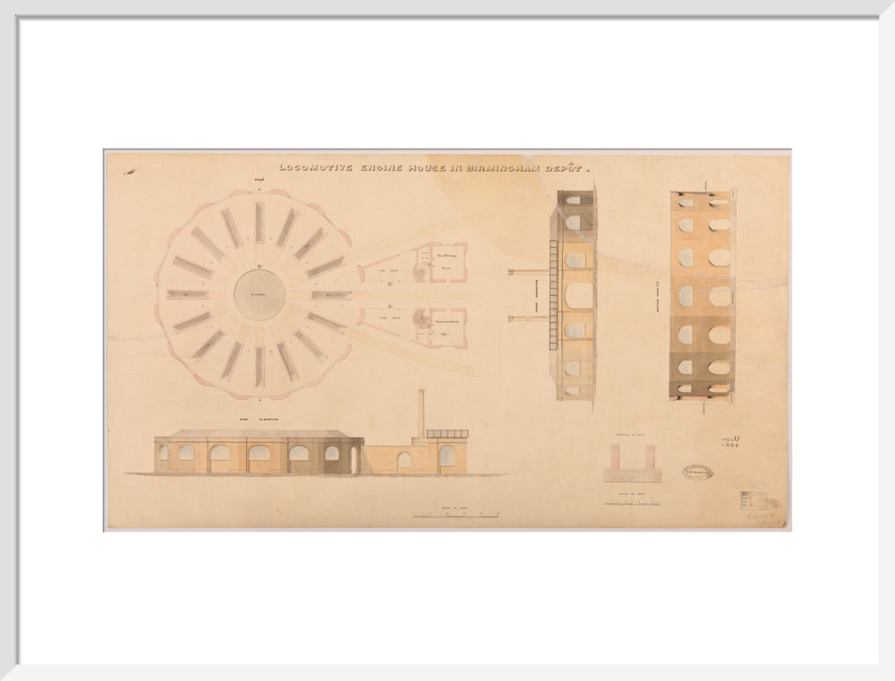 Locomotive engine house at Birmingham Curzon Street station, 1837. art print large white Art Print - Science Museum Shop