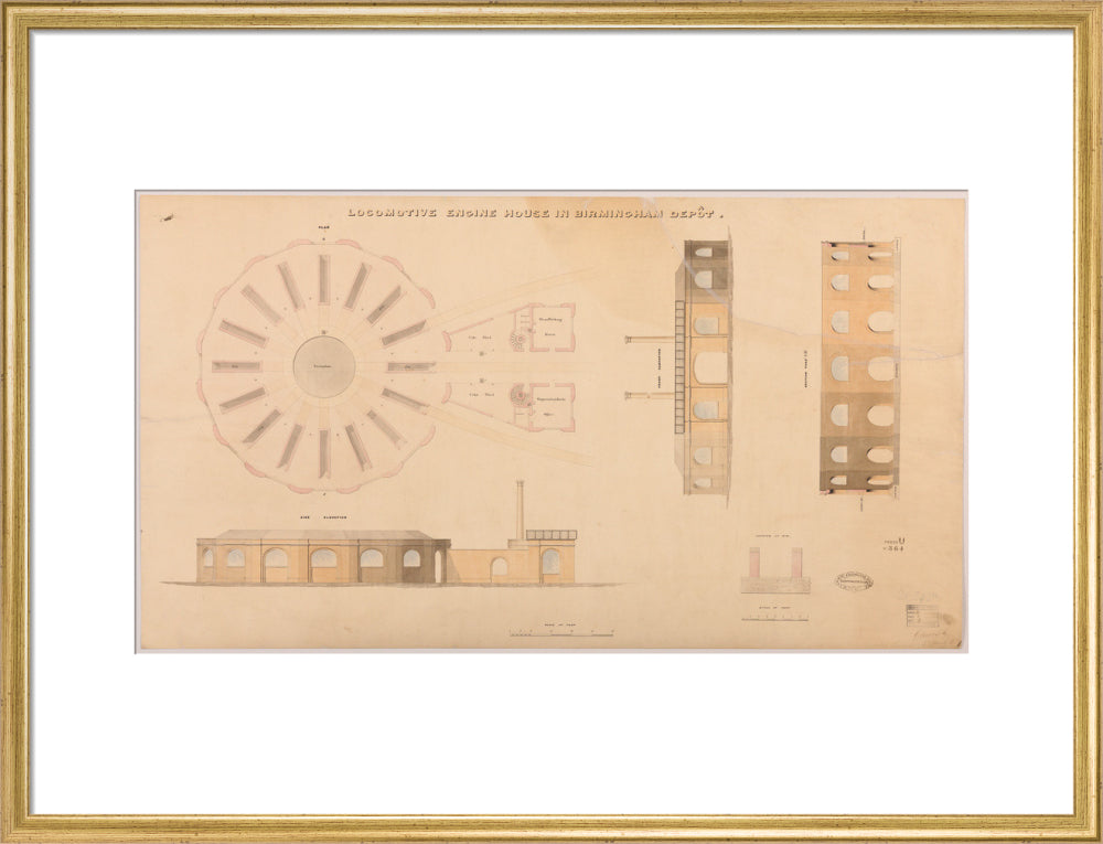 Locomotive engine house at Birmingham Curzon Street station, 1837. art print large gold Art Print - Science Museum Shop