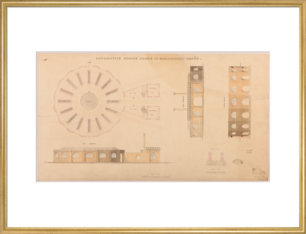 Locomotive engine house at Birmingham Curzon Street station, 1837. art print extra large gold Art Print - Science Museum Shop