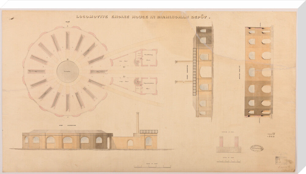 Locomotive engine house at Birmingham Curzon Street station, 1837. stretched canvas extra large none Art Print - Science Museum Shop