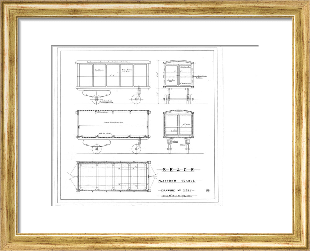 Platform hearse, South Eastern and Chatham Railway drawing 2287. art print extra small gold Art Print - Science Museum Shop