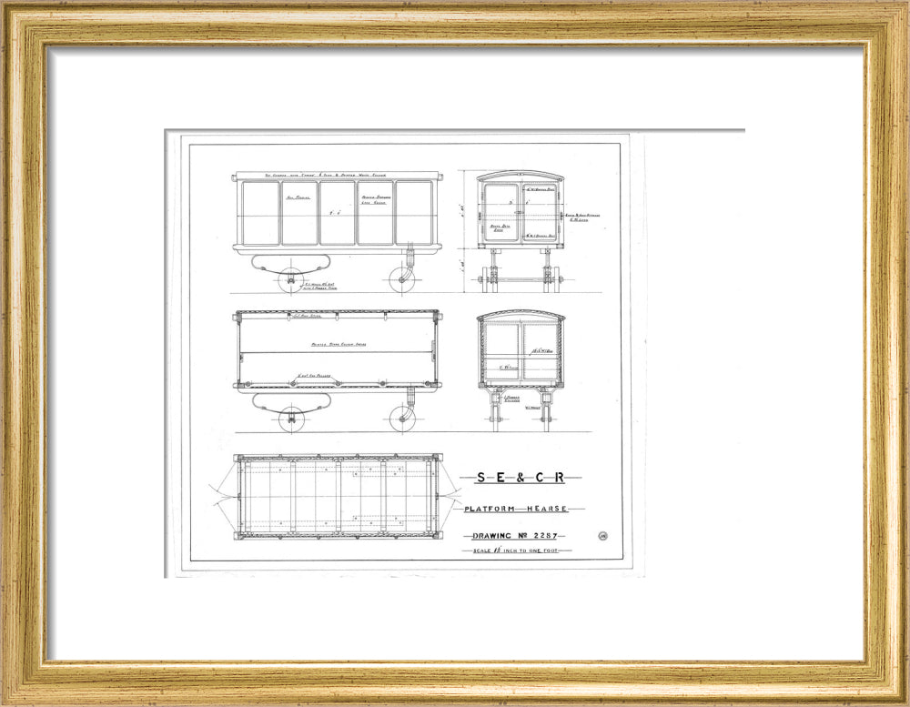 Platform hearse, South Eastern and Chatham Railway drawing 2287. art print small gold Art Print - Science Museum Shop
