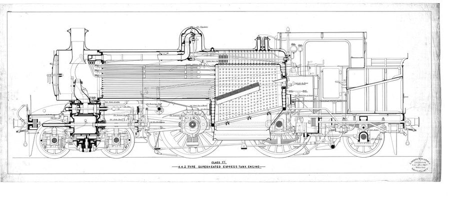 Class I3 4-4-2T superheated express tank engine, side elevation annotated with oiling points. Art Print - Science Museum Shop