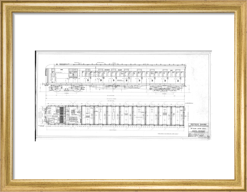 General arrangement of 3rd (third) class motor coach, Southern Railway, 1940. art print small gold Art Print - Science Museum Shop