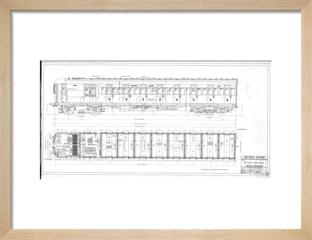 General arrangement of 3rd (third) class motor coach, Southern Railway, 1940. art print small natural Art Print - Science Museum Shop