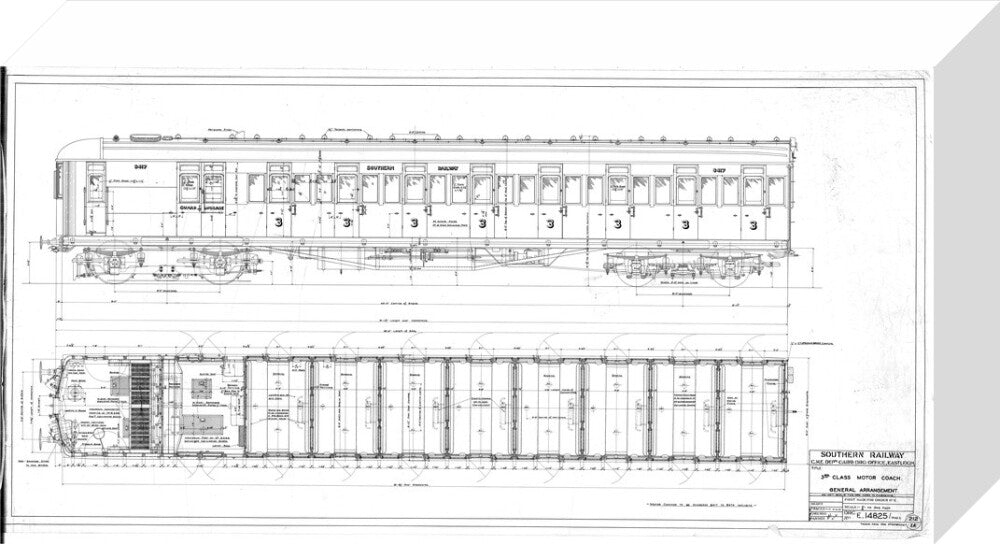 General arrangement of 3rd (third) class motor coach, Southern Railway, 1940. stretched canvas small none Art Print - Science Museum Shop