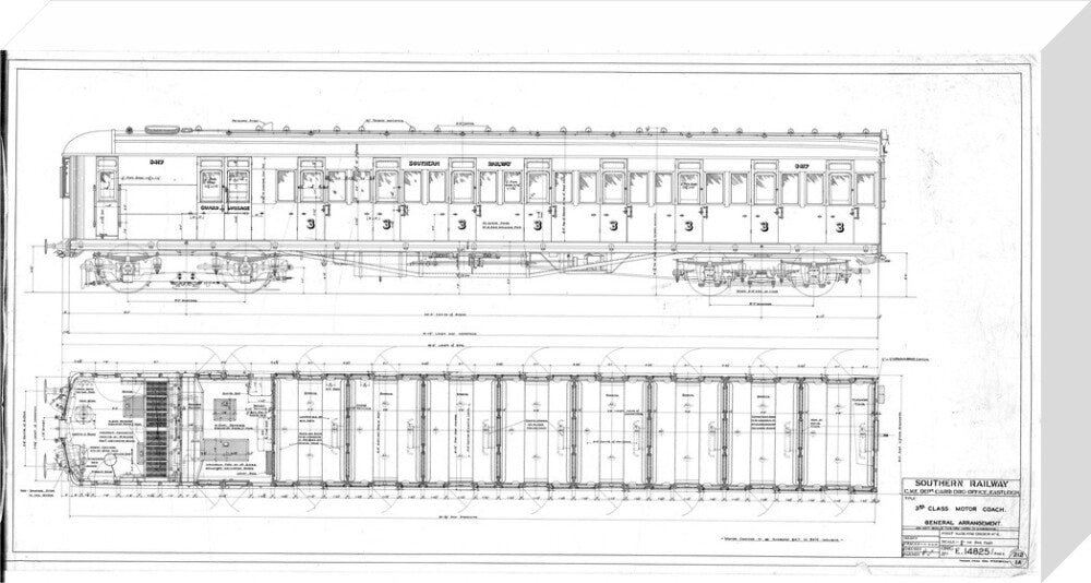 General arrangement of 3rd (third) class motor coach, Southern Railway, 1940. stretched canvas medium none Art Print - Science Museum Shop