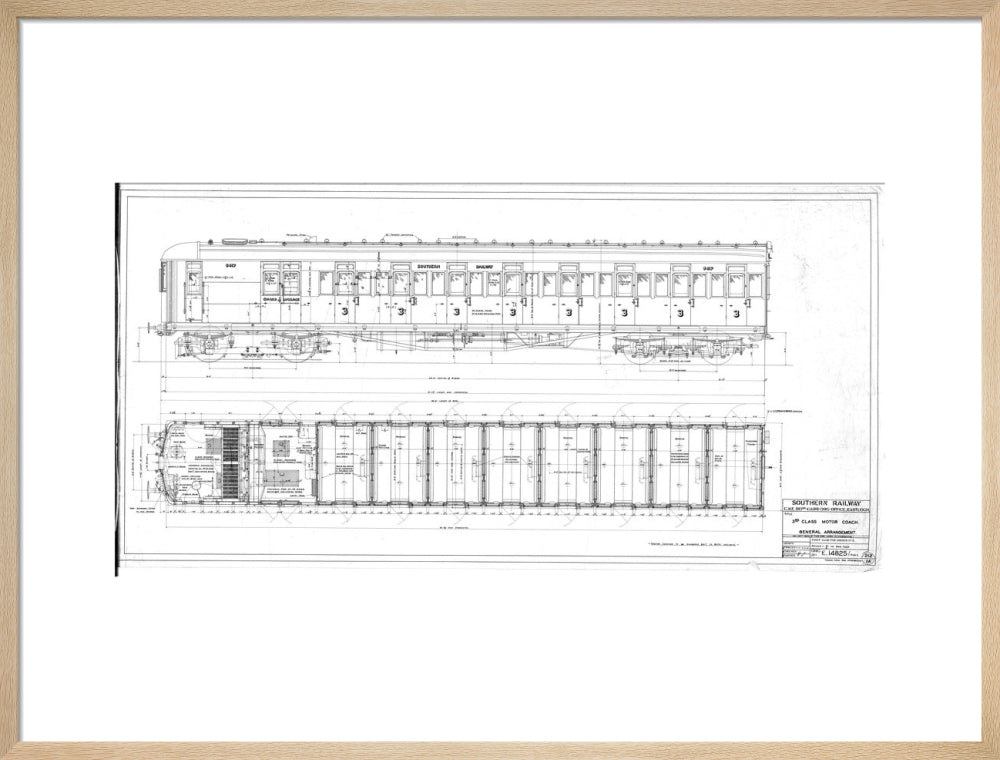 General arrangement of 3rd (third) class motor coach, Southern Railway, 1940. art print large natural Art Print - Science Museum Shop