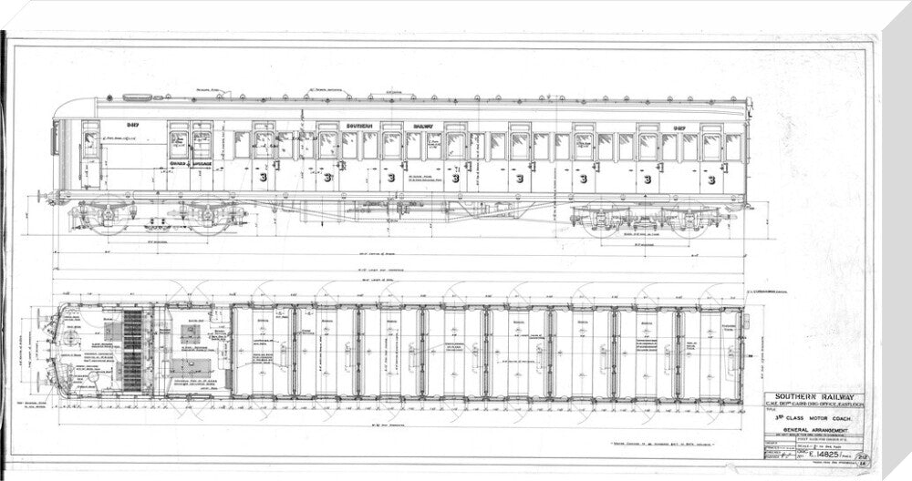 General arrangement of 3rd (third) class motor coach, Southern Railway, 1940. stretched canvas large none Art Print - Science Museum Shop