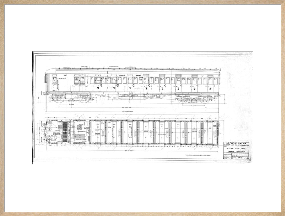 General arrangement of 3rd (third) class motor coach, Southern Railway, 1940. art print extra large natural Art Print - Science Museum Shop