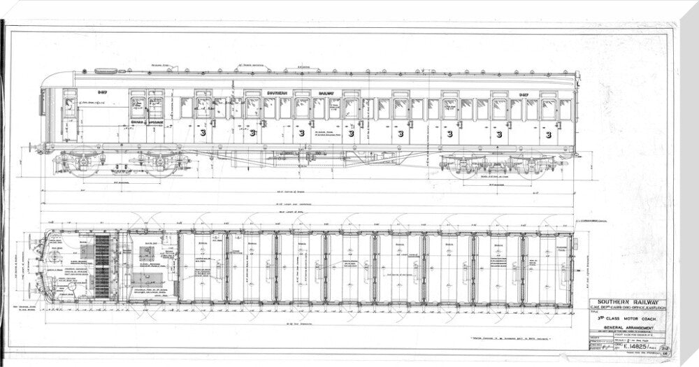 General arrangement of 3rd (third) class motor coach, Southern Railway, 1940. stretched canvas extra large none Art Print - Science Museum Shop