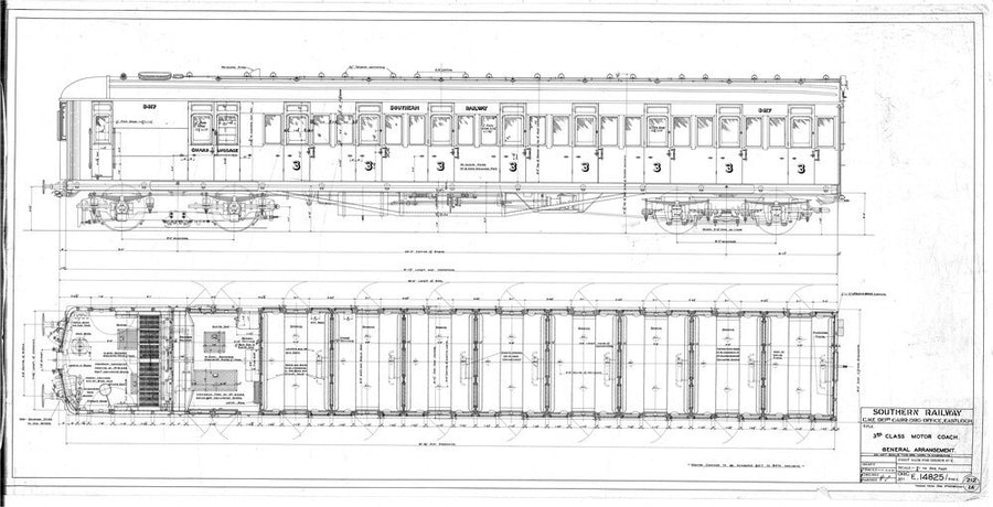 General arrangement of 3rd (third) class motor coach, Southern Railway, 1940. Art Print - Science Museum Shop