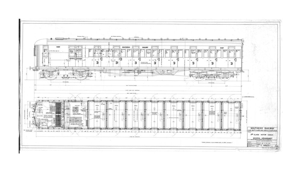 General arrangement of 3rd (third) class motor coach, Southern Railway, 1940. unstretched canvas extra large none Art Print - Science Museum Shop